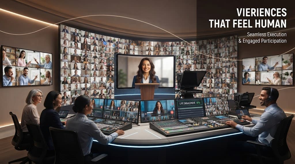 Virtual event production view and stage visuals.